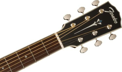 Close-up of an acoustic guitar headstock with tuning pegs.