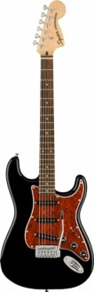 Black electric guitar with a brown pickguard from the front