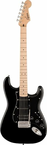 Black electric guitar with maple neck.