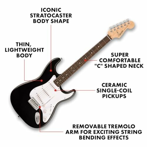 Electric guitar with labeled features including Stratocaster body, lightweight, C-shaped neck, ceramic pickups, and tremolo arm.