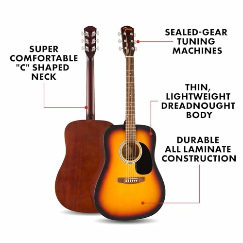 Fender acoustic guitar with labeled features: C-shaped neck, sealed-gear tuning machines, lightweight dreadnought body, durable laminate construction.